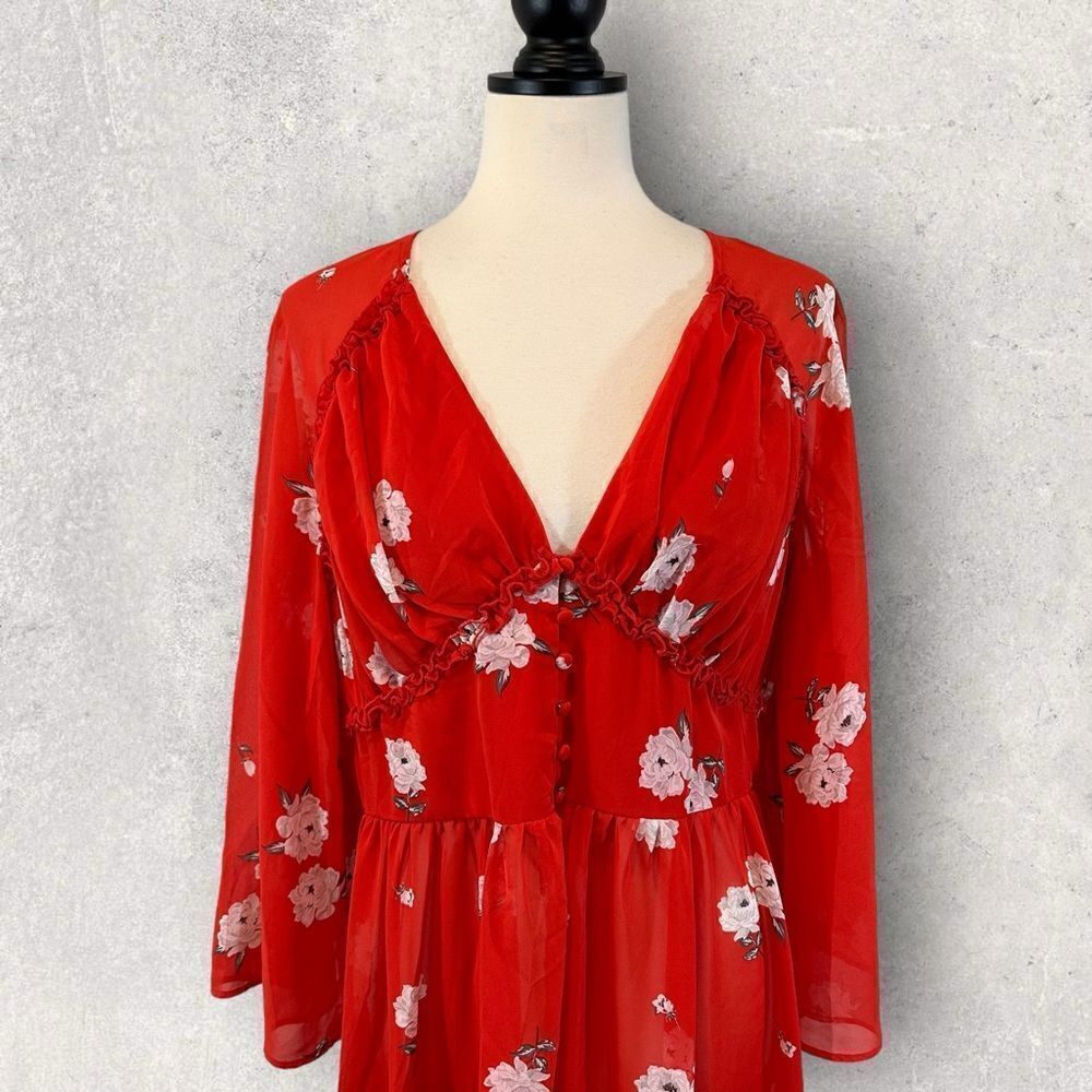 NWT Divided H&M Red Sheer Dress V-Neck Chiffon Floral Print Size 10 - Picture 2 of 11